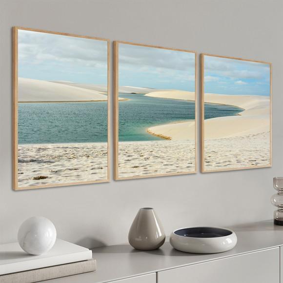 Kit 3 Quadros Decorativos Paisagem Praia Dunas com Moldura