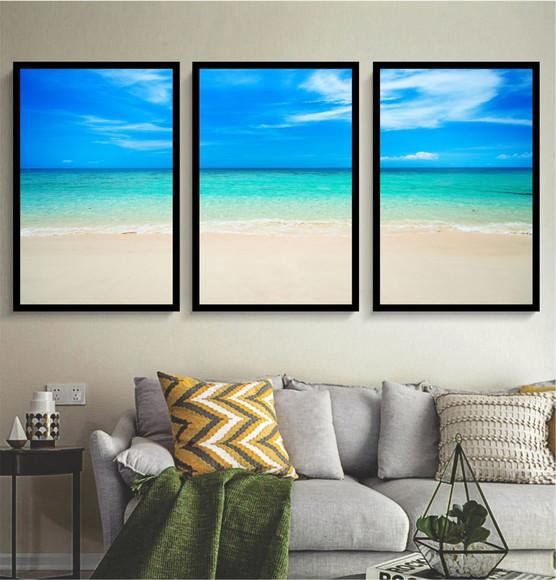 Kit 3 Quadros Decorativos Paisagem Praia e Mar Com Molduras