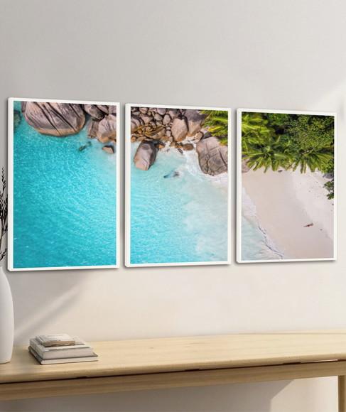 Kit 3 Quadros Decorativos Paisagem Praia Mar Azul Moldura