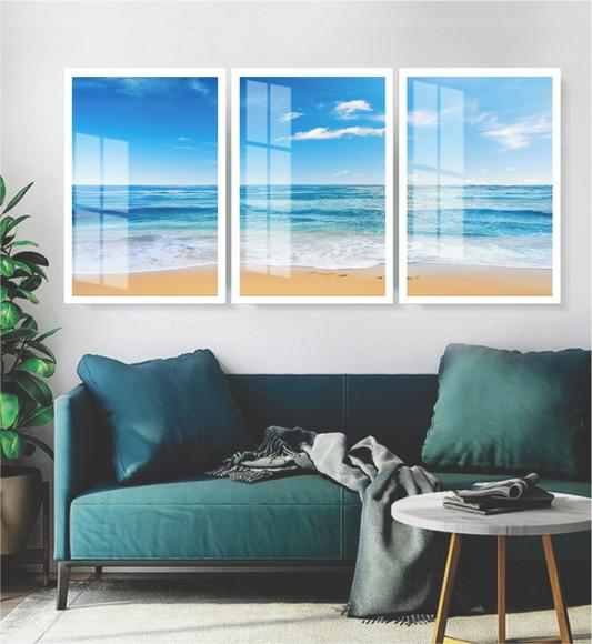 Kit 3 Quadros Decorativos Paisagem Praia Mar Azul com Vidro