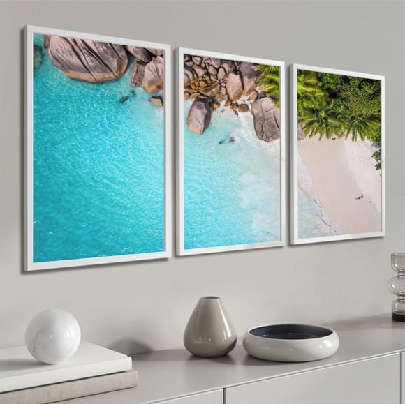 Kit 3 Quadros Decorativos Paisagem Praia Mar Azul Moldura