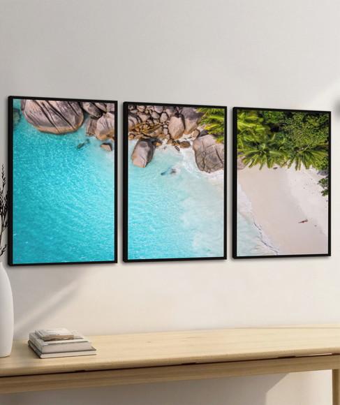 Kit 3 Quadros Decorativos Paisagem Praia Mar Azul Moldura