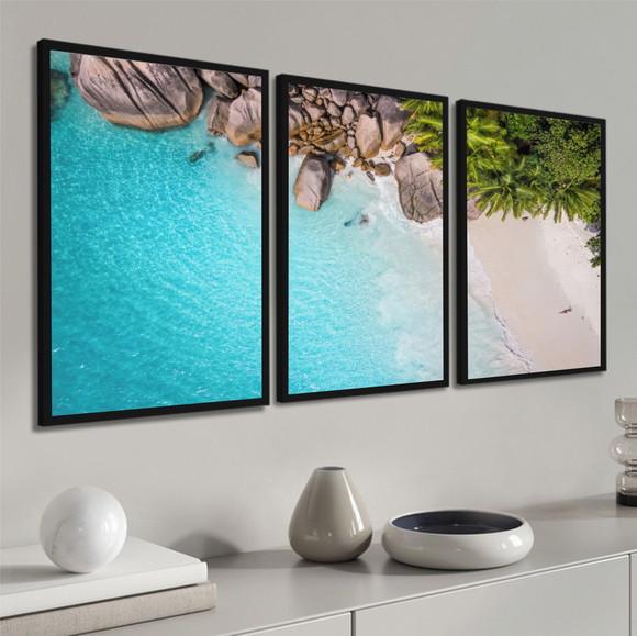 Kit 3 Quadros Decorativos Paisagem Praia Mar Azul Moldura