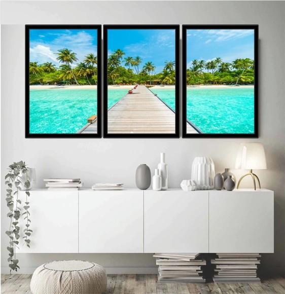Kit 3 Quadros Decorativos Paisagem Praia Mar Azul Moldura