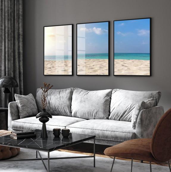 Kit 3 Quadros Decorativos Paisagem Praia Mar Moldura e Vidro