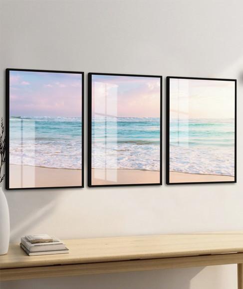 Kit 3 Quadros Decorativos Paisagem Praia Mar Moldura e Vidro