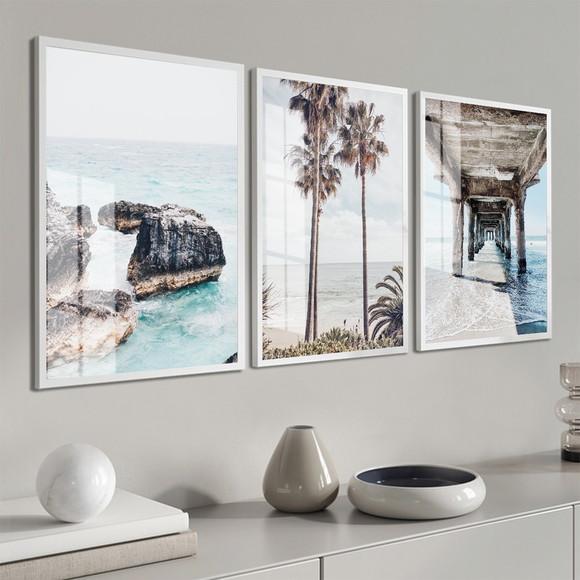 Kit 3 Quadros Decorativos Paisagem Praia Mar Moldura e Vidro