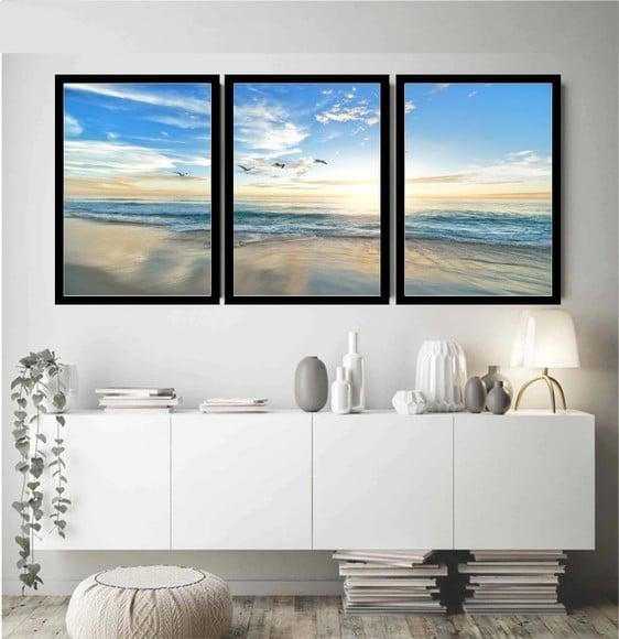 Kit 3 Quadros Decorativos Paisagem Praia Mar Ondas Molduras