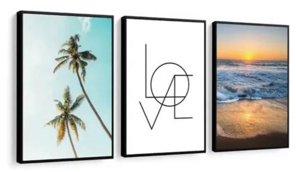 Kit 3 Quadros Decorativos Paisagem Praia Para Sala Moldura