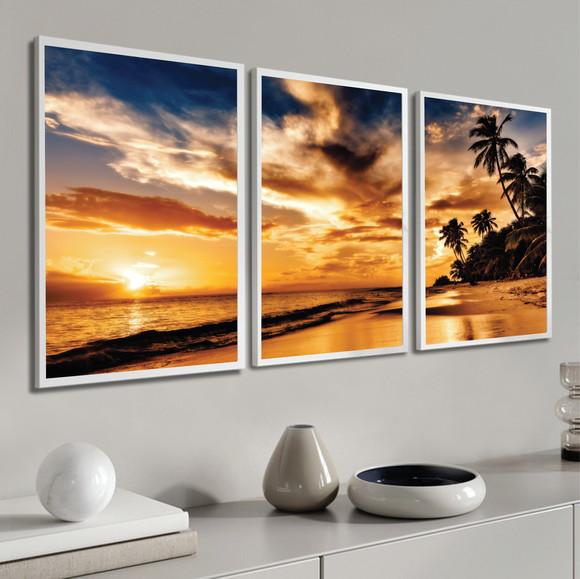Kit 3 Quadros Decorativos Paisagem Praia Pôr Do Sol Moldura