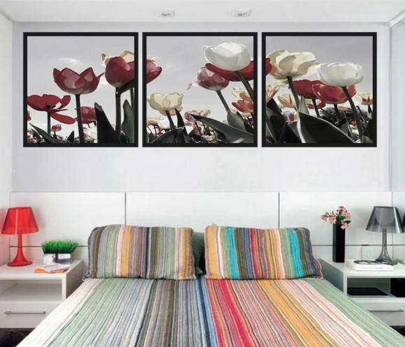 Kit 3 Quadros Decorativos Papoulas Floral Conjunto Moldura
