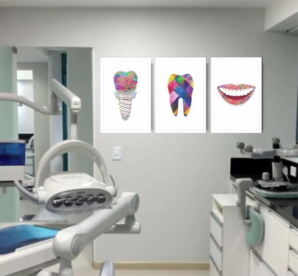 Kit 3 Quadros Decorativos Para Consultório Dentista Moldura