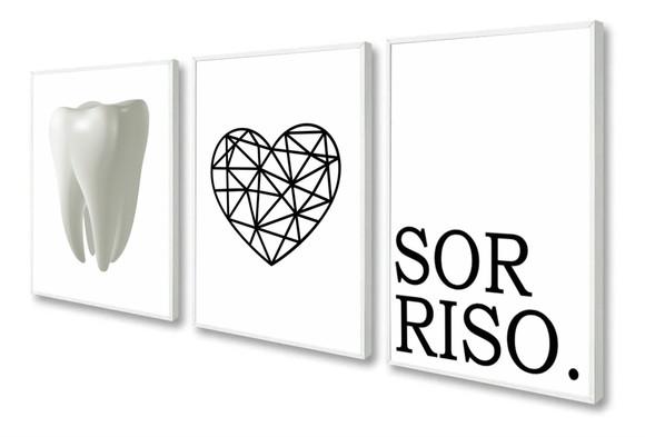 Kit 3 Quadros Decorativos Para Consultório Dentista Moldura