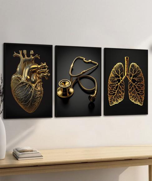 Kit 3 Quadros Decorativos para Consultório Medicina Moldura