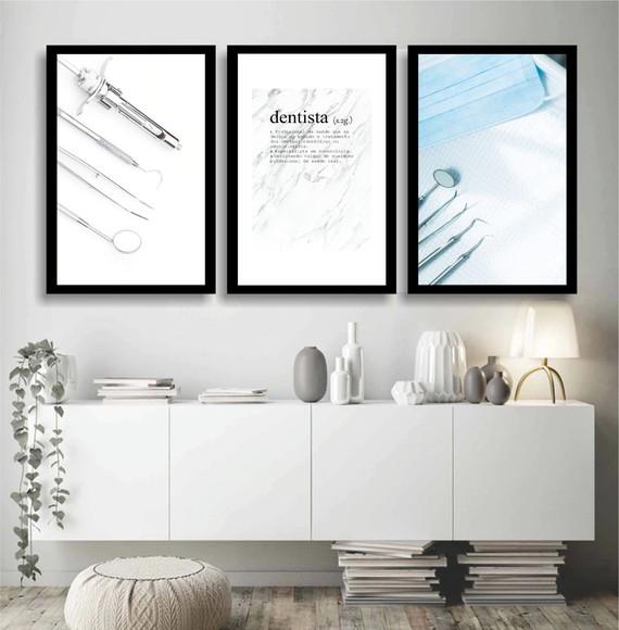 Kit 3 Quadros Decorativos Para Consultório Dentista Moldura
