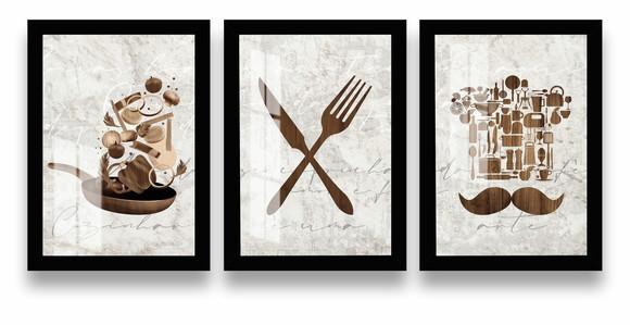 Kit 3 Quadros Decorativos Para Cozinha Com Moldura e Vidro