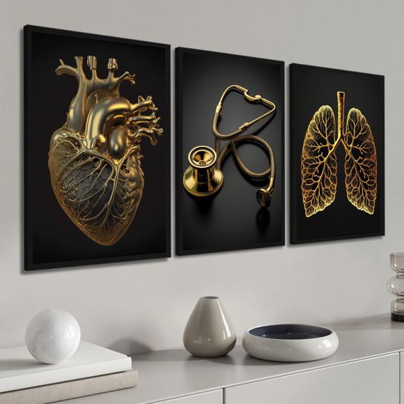 Kit 3 Quadros Decorativos para Consultório Medicina Moldura