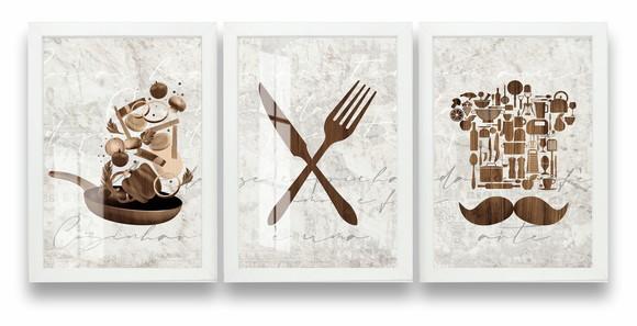 Kit 3 Quadros Decorativos Para Cozinha Moderna Moldura Vidro