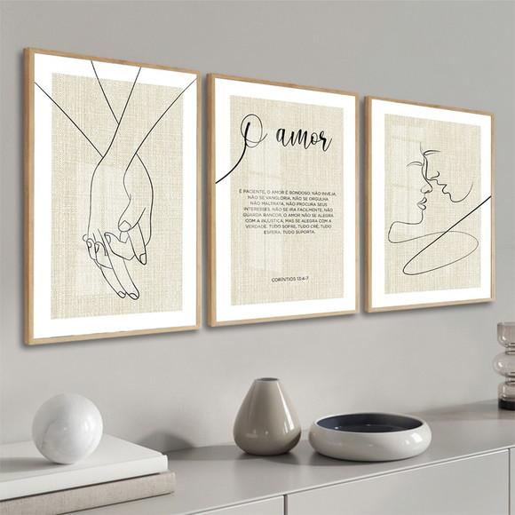 Kit 3 Quadros Decorativos para Quarto de Casal Moldura Vidro