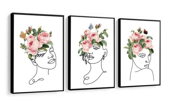 Kit 3 Quadros Decorativos Para Quarto Feminino Flor Molduras