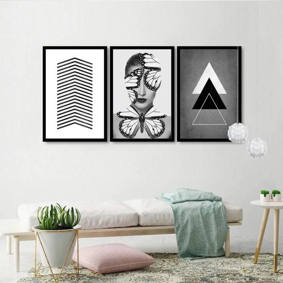 Kit 3 Quadros Decorativos Para Quarto Preto e Branco Moldura