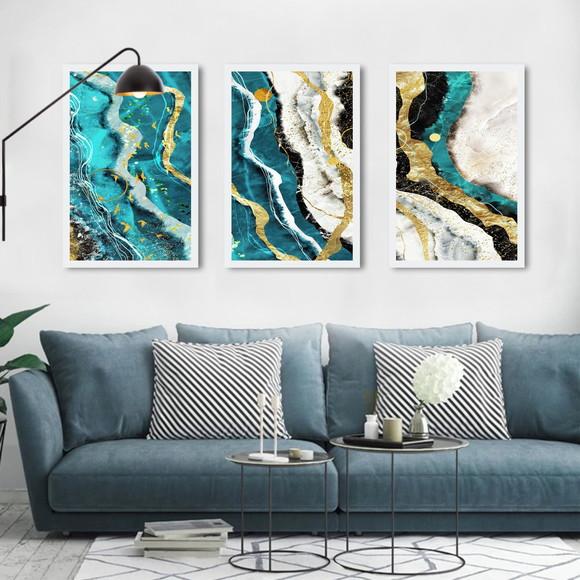 Kit 3 Quadros Decorativos Para Sala Azul Gold Com Moldura