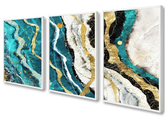 Kit 3 Quadros Decorativos Para Sala Azul Gold Com Moldura