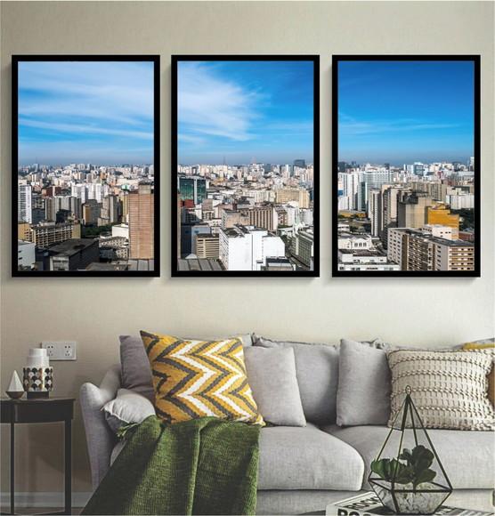 Kit 3 Quadros Decorativos Para Sala Cidade São Paulo Moldura