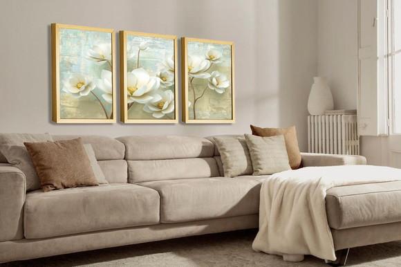 Kit 3 Quadros Decorativos Para Sala Flores Brancas Moldura