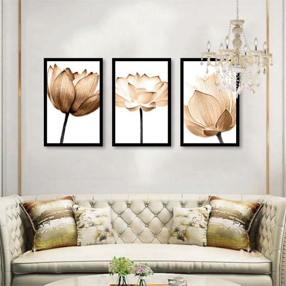 Kit 3 Quadros Decorativos Para Sala e Quarto Flores Moldura