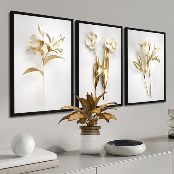 Kit 3 Quadros Decorativos Para Sala Flores Douradas Moldura