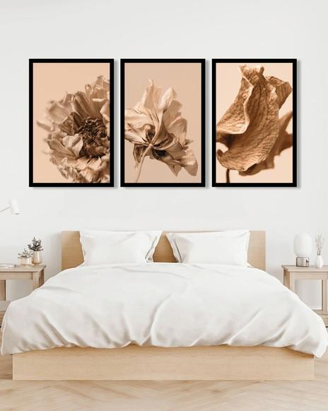 Kit 3 Quadros Decorativos Para Sala Folhagem Bege Moldura