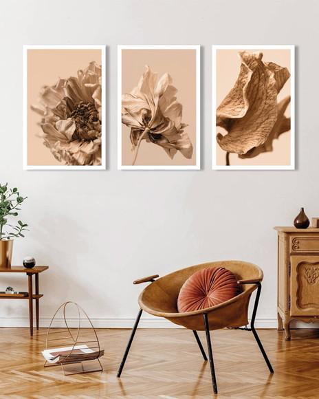 Kit 3 Quadros Decorativos Para Sala Folhagem Bege Moldura