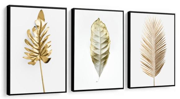 Kit 3 Quadros Decorativos Para Sala Folhagem Dourada Moldura
