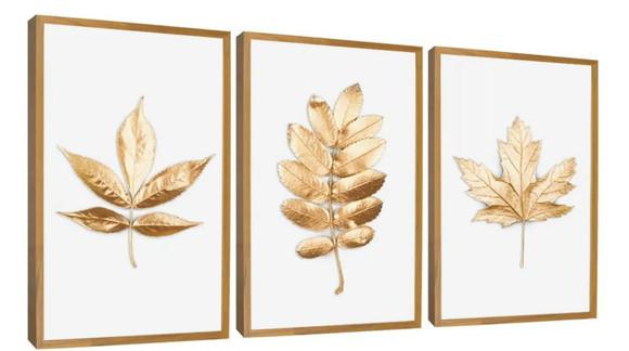 Kit 3 Quadros Decorativos Para Sala Folhagem Dourada Moldura
