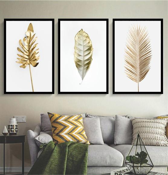 Kit 3 Quadros Decorativos Para Sala Folhagem Dourada Moldura