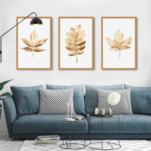 Kit 3 Quadros Decorativos Para Sala Folhagem Dourada Moldura