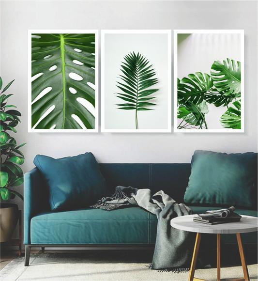 Kit 3 Quadros Decorativos Para Sala Folhagem Verde Moldura