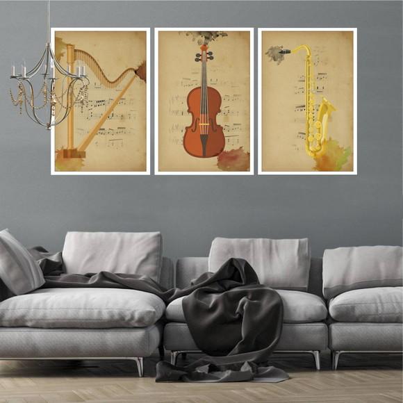 Kit 3 Quadros Decorativos Para Sala Instrumentos Com Moldura