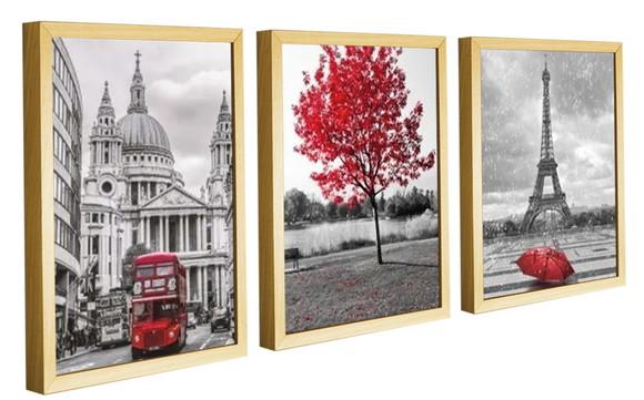 Kit 3 Quadros Decorativos Para Sala Londres e Paris Molduras