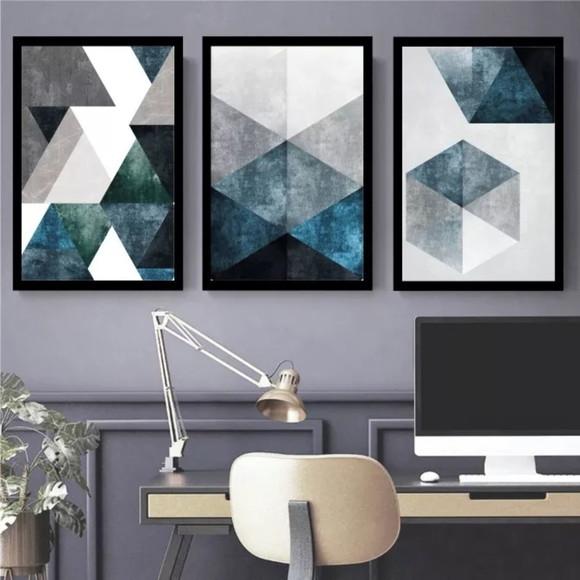 Kit 3 Quadros Decorativos Para Sala Moderno Azul Com Moldura