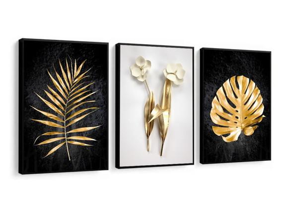 Kit 3 Quadros Decorativos para Sala Moderno Folhagem Dourada