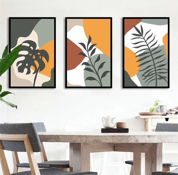 Kit 3 Quadros Decorativos para Sala Moderno Folhagem Moldura