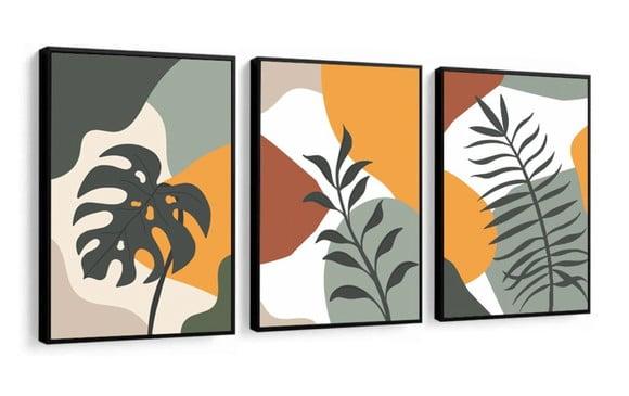 Kit 3 Quadros Decorativos para Sala Moderno Folhagem Moldura