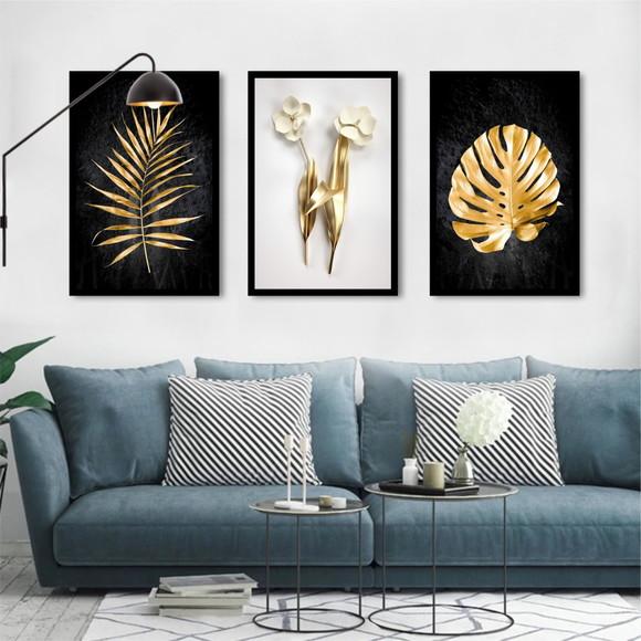 Kit 3 Quadros Decorativos para Sala Moderno Folhagem Dourada