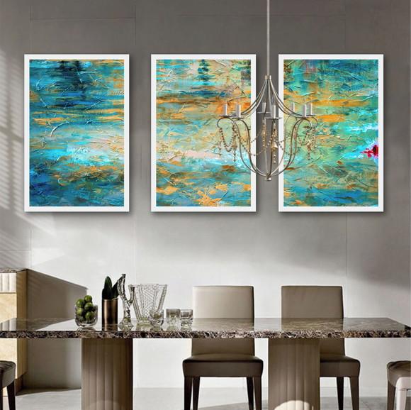 Kit 3 Quadros Decorativos Para Sala Modernos Azul Moldura