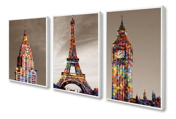 Kit 3 Quadros Decorativos Para Sala Modernos Cidades Moldura