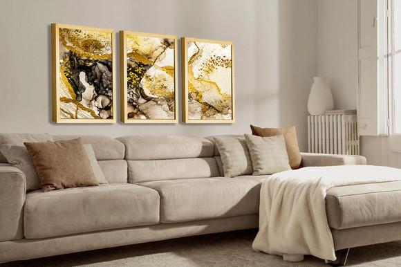 Kit 3 Quadros Decorativos Para Sala Modernos Dourado Moldura