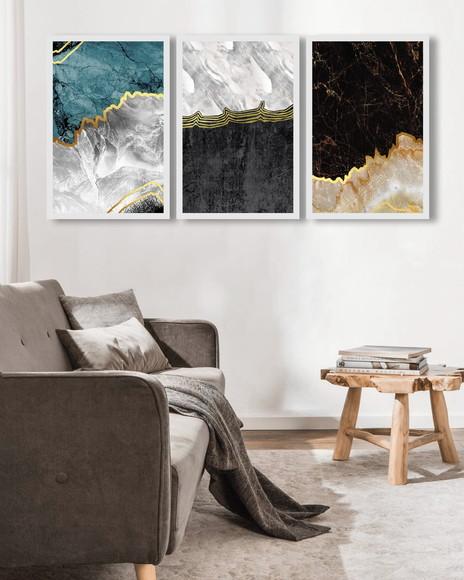 Kit 3 Quadros Decorativos Para Sala Modernos Gold Moldura