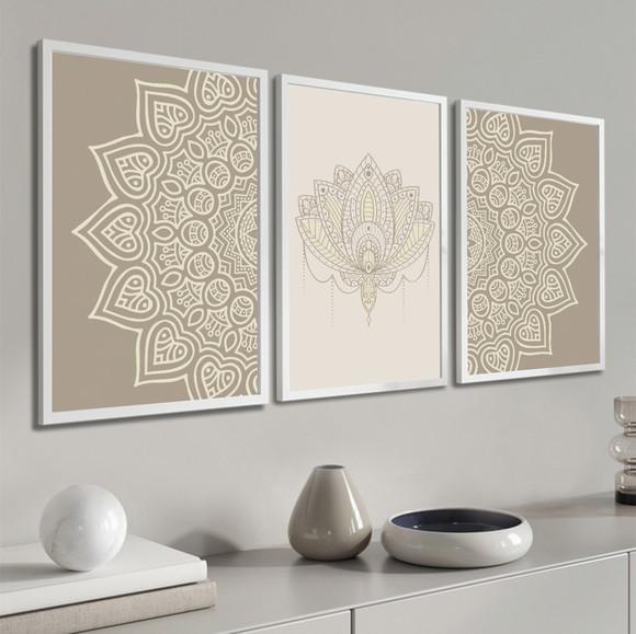 Kit 3 Quadros Decorativos Para Sala Modernos Mandala Moldura